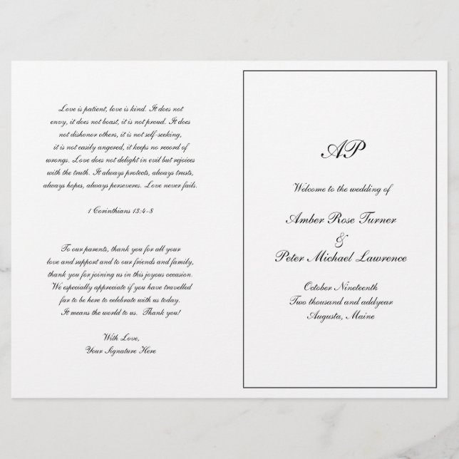 Elegant Monogram Formal Folded Wedding Program (Front)