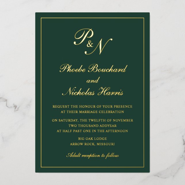 Elegant Monogram Formal Forest Green Wedding Gold (Front)