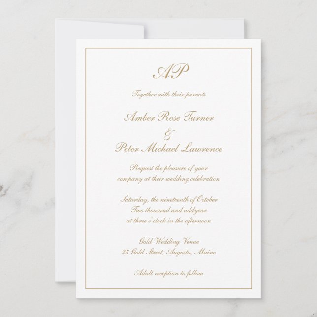Elegant Monogram Formal Gold All In One Wedding Invitation (Front)