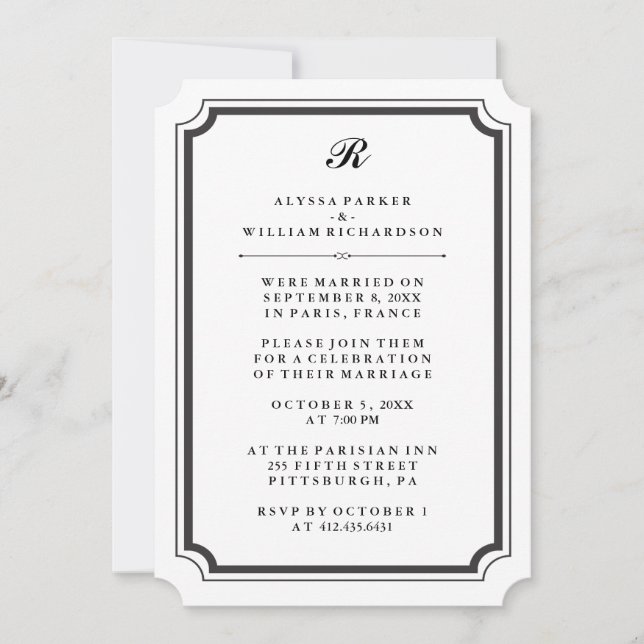 Elegant Monogram Formal Post Wedding Reception Invitation (Front)