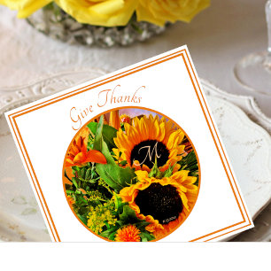 Elegant Monogram 'Give Thanks' Sunflower Bouquet Napkin