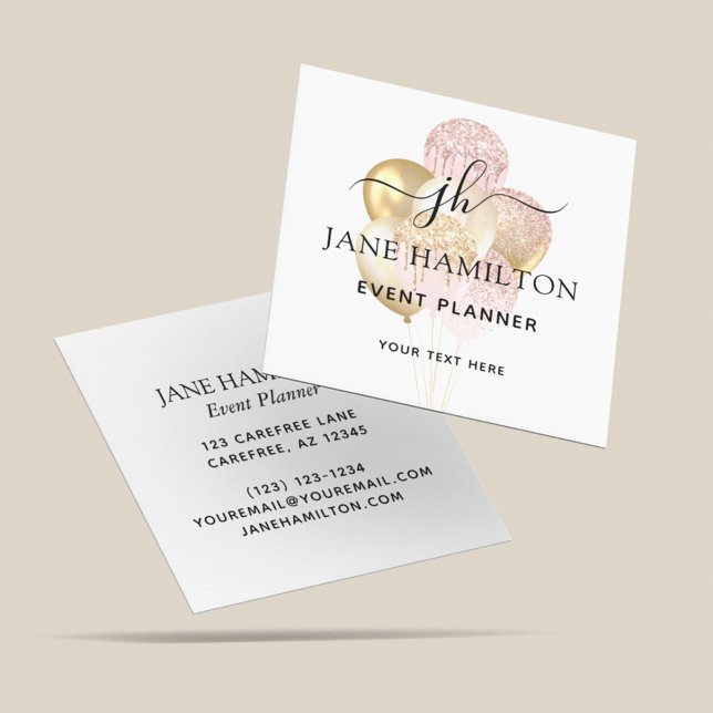 Elegant Monogram Glitter Balloons Square Business Card (Creator Uploaded)