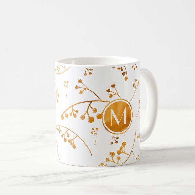 Elegant monogram gold berries pattern coffee mug (Front Right)