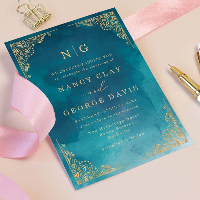 Elegant Monogram Gold Border Green Wedding Invitation (Creator Uploaded)