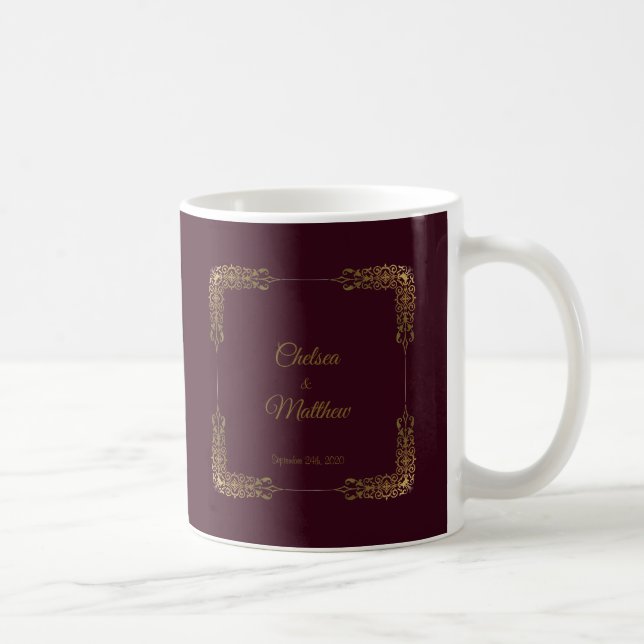 Elegant Monogram Gold & Burgundy Lace Wedding Mug (Right)