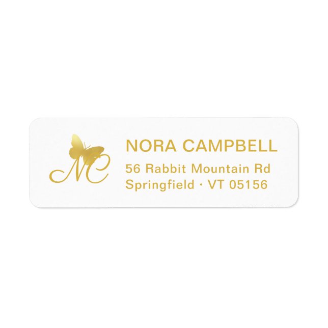 Elegant Monogram Gold Butterfly Return Address Label (Front)