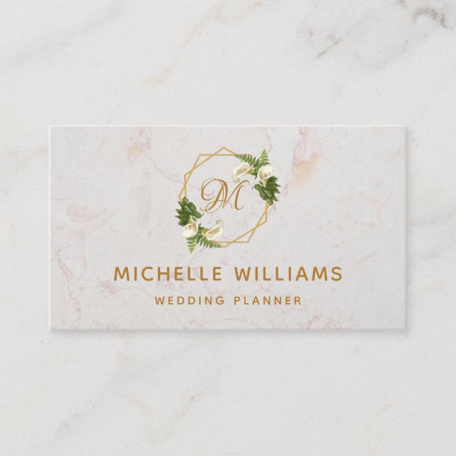 Elegant Monogram Gold Calla Lilies White Marble Business Card (Front)