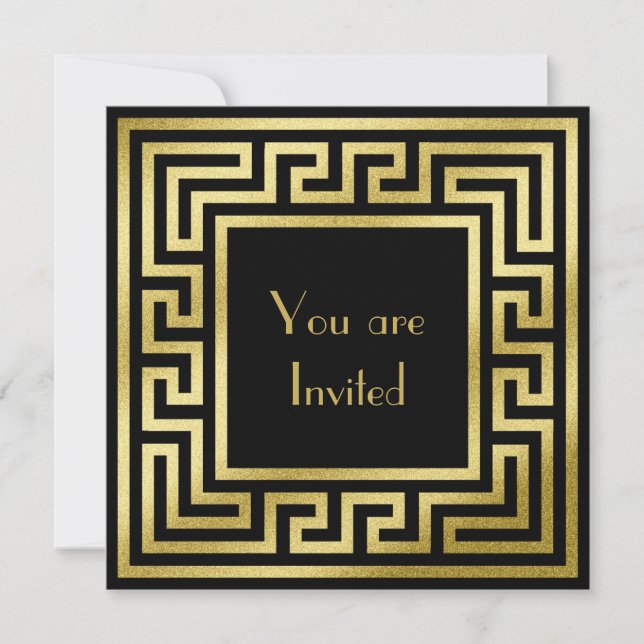 Elegant Monogram Gold Glitter Art Deco Black Invitation (Front)