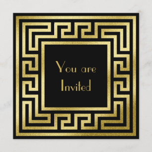 Elegant Monogram Gold Glitter Art Deco Black Invitation