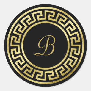 Elegant Monogram Gold Glitter Greek Key Black Classic Round Sticker