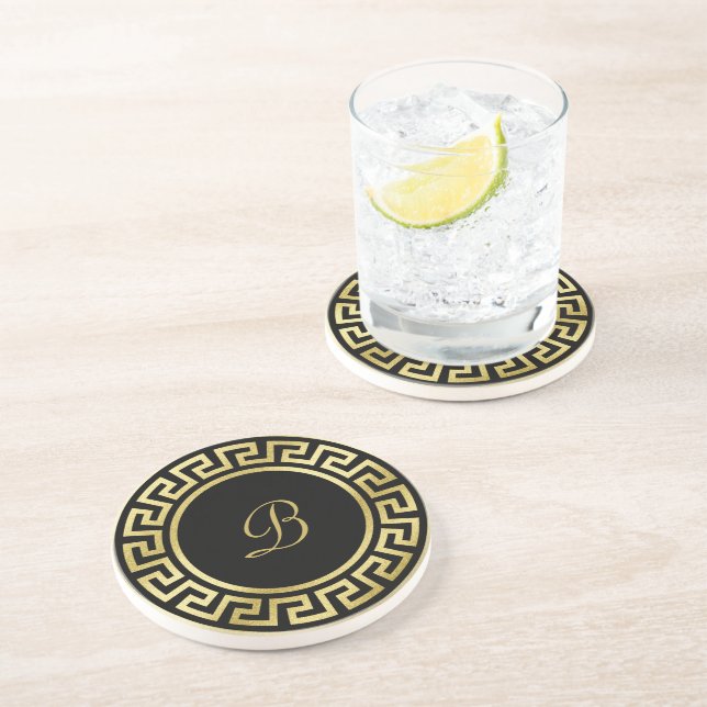 Elegant Monogram Gold Glitter Greek Key Black Coaster (Side)