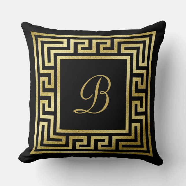 Elegant Monogram Gold Glitter Greek Key Black Cushion (Front)