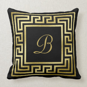 Elegant Monogram Gold Glitter Greek Key Black Cushion