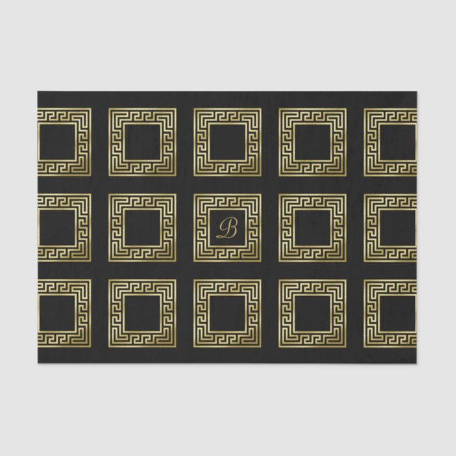 Elegant Monogram Gold Glitter Greek Key Black Tissue Paper (Front)