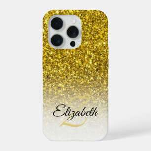 Elegant Monogram Gold Glitter Ombre First Name iPhone 15 Pro Case