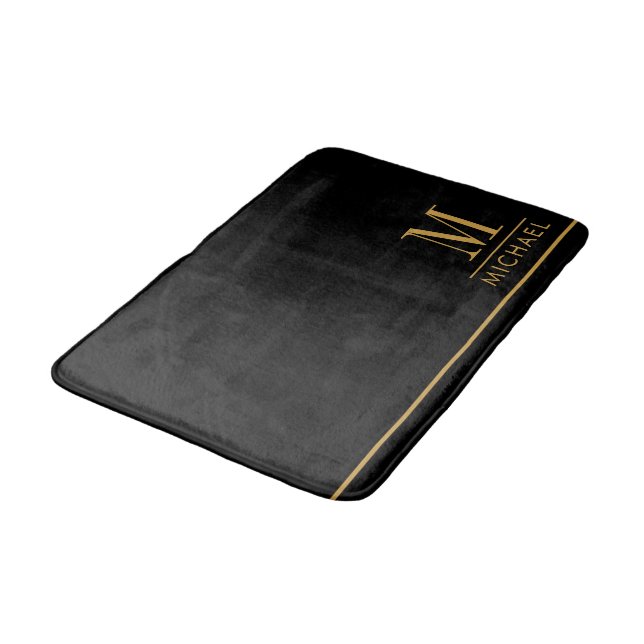 Elegant Monogram Gold Name Black Bath Mat (Angled)