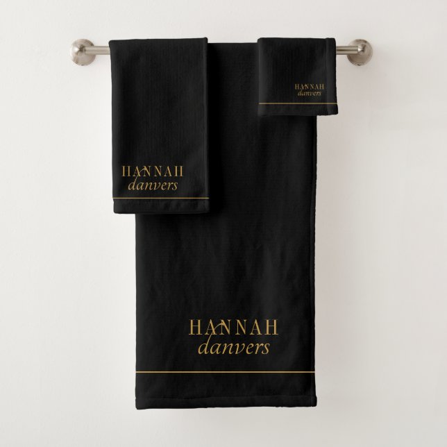 Elegant Monogram Gold Name Black  Bath Towel Set (Insitu)