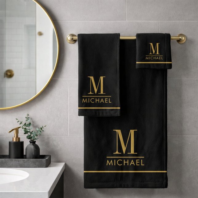 Elegant Monogram Gold Name Black Bath Towel Set (Creator Uploaded)