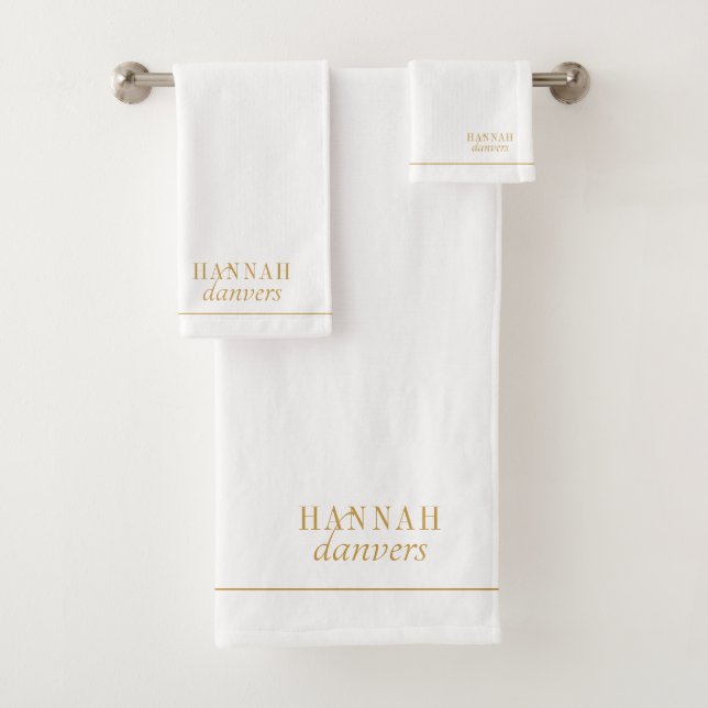 Elegant Monogram Gold Name White Bath Towel Set (Insitu)