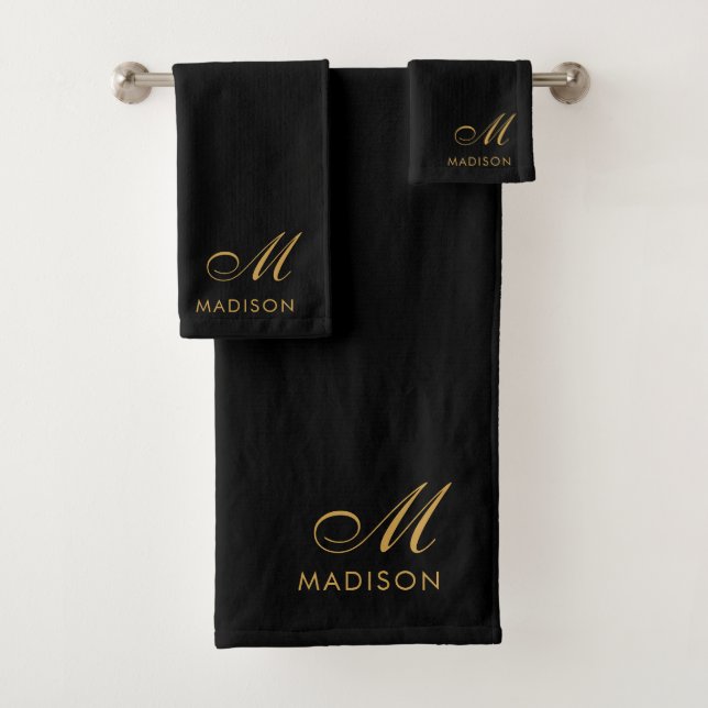 Elegant Monogram Gold Script Name Black Bath Towel Set (Insitu)