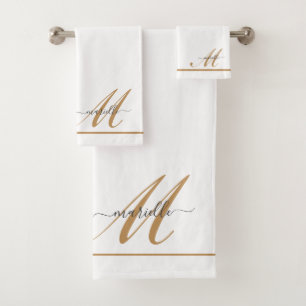 Elegant Monogram Gold Script Name White Bath Towel Set