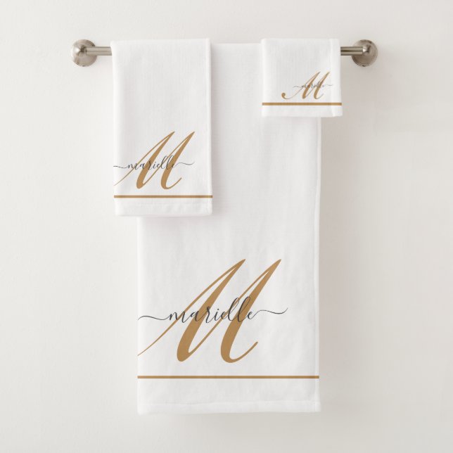 Elegant Monogram Gold Script Name White Bath Towel Set (Insitu)