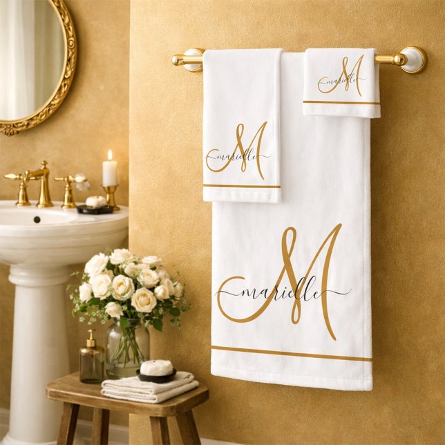 Elegant Monogram Gold Script Name White  Bath Towel Set (Creator Uploaded)