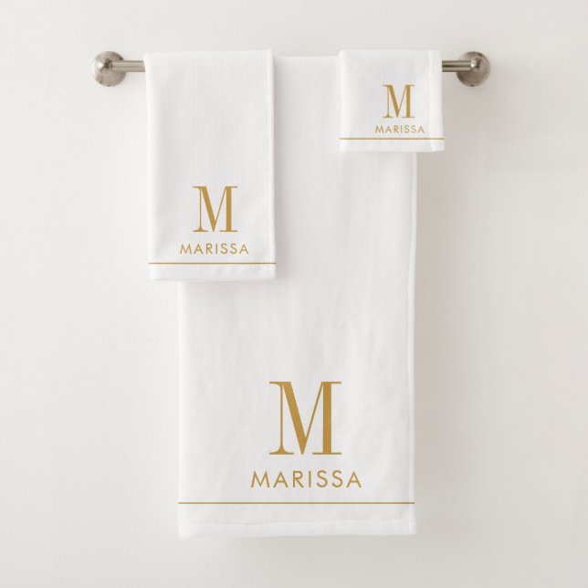 Elegant Monogram Gold Script Name White Bath Towel Set (Insitu)