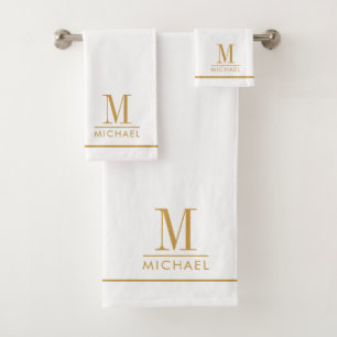 Elegant Monogram Gold Script Name White Bath Towel Set