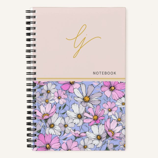 Elegant Monogram Gold Script Pink Blue Flowers  Notebook (Front)