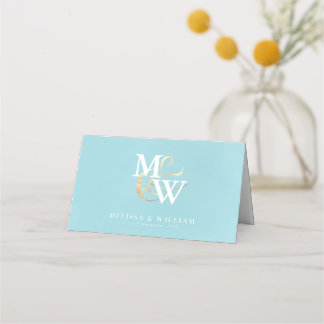 Elegant Monogram Gold Sea Glass Teal White Wedding Place Card