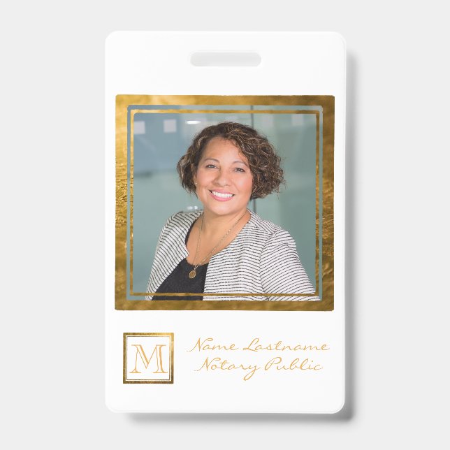 Elegant Monogram Gold Square Frame ID Badge (Front)