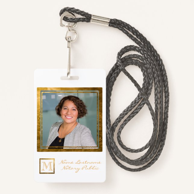 Elegant Monogram Gold Square Frame ID Badge (Front with Lanyard)