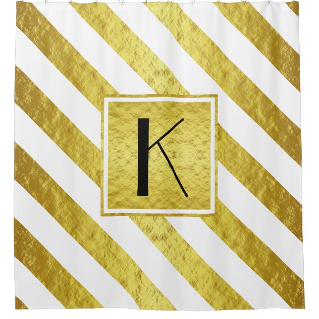 Elegant Monogram Gold Stripes Pattern Shower Curtain (Front)