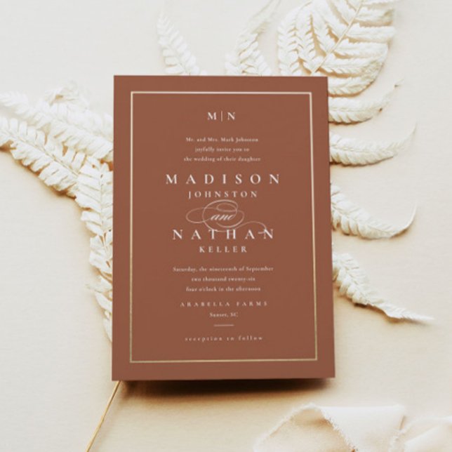 Elegant Monogram Gold Terracotta Wedding Invitation (Creator Uploaded)