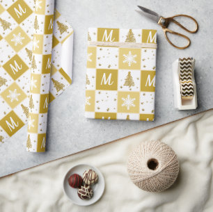 Elegant Monogram Gold & White Christmas  Wrapping  Paper
