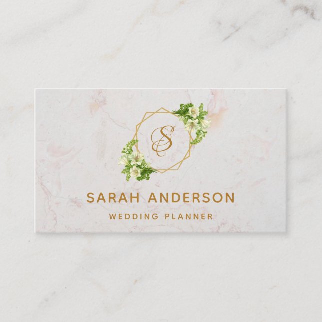 Elegant Monogram Gold White Lilies Marble Business Card (Front)
