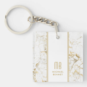 Elegant Monogram Gold White Marble Key Ring