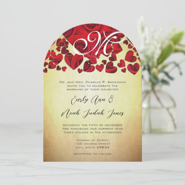 Elegant Monogram Golden Romantic Red Rose Wedding  Invitation (Standing Front)