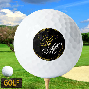 Elegant Monogram Golf Ball, Modern Gold Black Balls