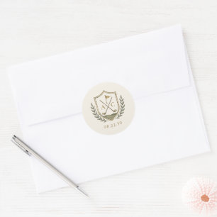 Elegant Monogram Golf Crest Wedding Classic Round Sticker