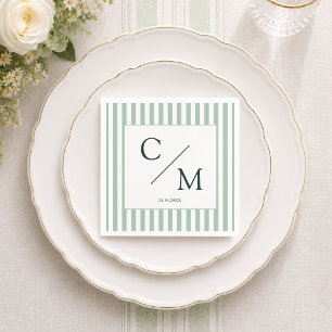 Elegant Monogram Gree Stripes Coastal Wedding Napkin