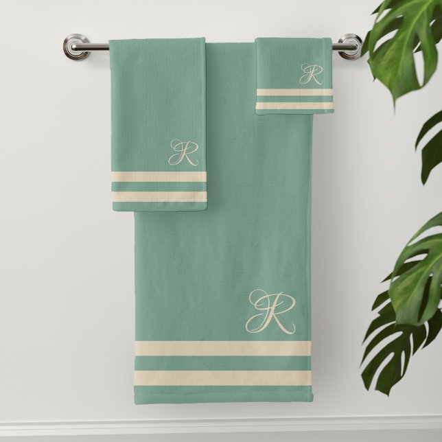 Elegant Monogram Green and Cream Striped Edge Bath Towel Set (Sea green and cream sailor stripe bath towel set with your initial)
