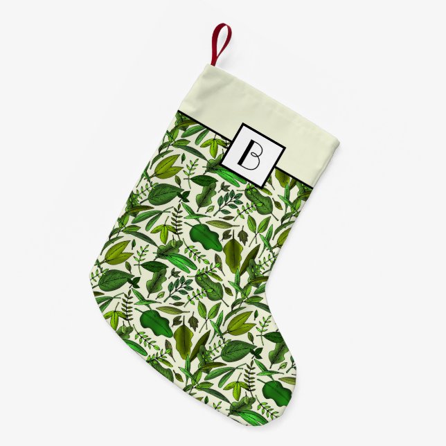 Elegant Monogram Green Botanical Pattern Small Christmas Stocking (Front (Hanging))