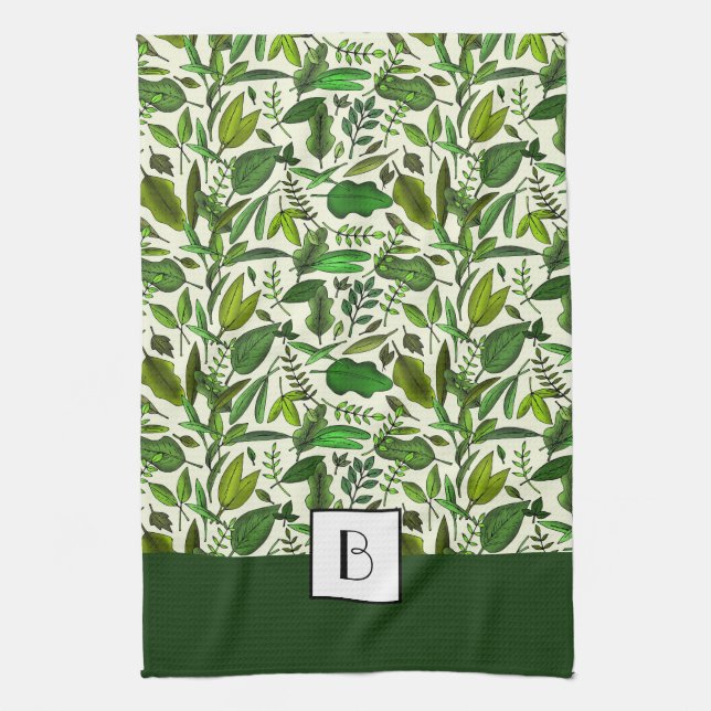 Elegant Monogram Green Botanical Pattern Tea Towel (Vertical)