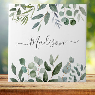 Elegant Monogram Green Eucalyptus Tropical Leaves Ceramic Tile