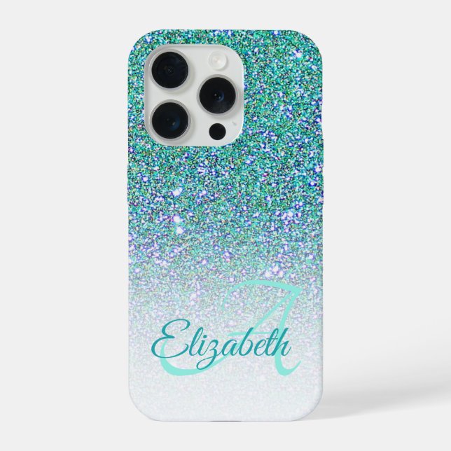 Elegant Monogram Green Glitter Ombre First Name iPhone Case (Back)