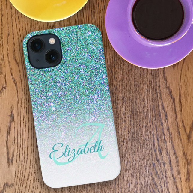 Elegant Monogram Green Glitter Ombre First Name iPhone Case (Creator Uploaded)