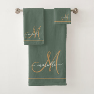 Elegant Monogram Green Gold Script Name Bath Towel Set