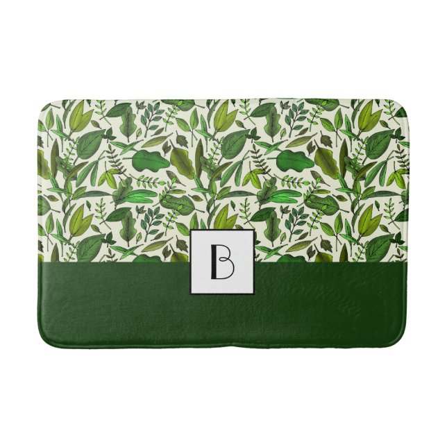 Elegant Monogram Green Leaves Pattern Bath Mat (Front)